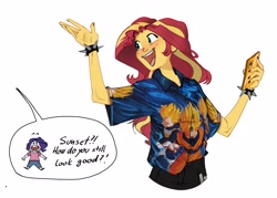 Size: 2930x2101 | Tagged: safe, artist:maxiima, imported from derpibooru, rarity, sunset shimmer, human, saiyan, equestria girls, bust, clothes, dragon ball, open mouth, simple background, smiling, solo focus, son goku, spiked wristband, text, white background, wristband