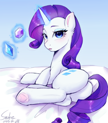 Size: 1800x2050 | Tagged: safe, artist:xiaowu07, imported from derpibooru, rarity, pony, unicorn, bed, butt, female, g4, gem, looking at you, lying down, mare, plot, simple background, solo, sultry pose