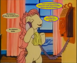 Size: 1176x959 | Tagged: safe, edit, edited screencap, imported from derpibooru, screencap, patch (g1), earth pony, pony, my little pony tales, the impractical joker, bipedal, curtains, dialogue, g1, implied oc, phone, prank, prank call, pun, speech bubble