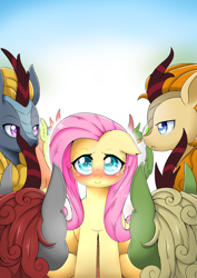 Size: 4299x6071 | Tagged: safe, artist:abyssalrabbit, imported from derpibooru, autumn afternoon, fluttershy, oc, kirin, pegasus, pony, blushing, female, floppy ears, g4, gradient background, mare, sitting, surrounded