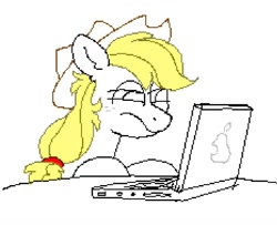 Size: 814x661 | Tagged: safe, artist:pink-pone, imported from derpibooru, applejack, earth pony, pony, bust, computer, frown, laptop computer, monochrome, simple background, sitting, solo, white background