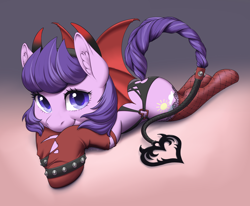 Size: 4250x3500 | Tagged: safe, artist:taytinabelle, derpibooru exclusive, imported from derpibooru, clear skies, pegasus, pony, succubus, adorasexy, bat wings, braid, braided tail, clothes, commission, costume, cute, devil costume, dock, ear fluff, female, fishnets, gradient background, horns, lingerie, looking at you, lying down, mare, prone, sexy, simple background, smiling, socks, solo, spiked wristband, tail, torn clothes, wings, wristband