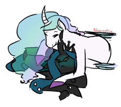 Size: 1063x945 | Tagged: safe, artist:polyquestria, imported from derpibooru, princess celestia, queen chrysalis, alicorn, changeling, changeling queen, pony, blushing, chryslestia, duo, female, green blush, horn, lesbian, shipping, signature, simple background, transparent background, tsundere, wings