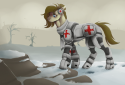 Size: 832x565 | Tagged: safe, artist:scruph, imported from derpibooru, oc, oc only, oc:dusty heartwood, earth pony, pony, fallout equestria, armor, blue eyes, brown mane, clothes, dead tree, doctor, earmuffs, medic, red cross, scarf, snow, solo, tree, wasteland