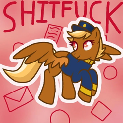 Size: 720x720 | Tagged: safe, artist:yagirlanxiety, imported from derpibooru, pegasus, pony, clothes, female, forced meme, hat, mare, meme, red background, red eyes, shitfuck meme, simple background, smiling, solo, spread wings, swift reply, text, uniform, vulgar, wings