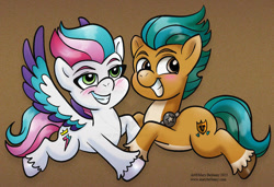 Size: 800x546 | Tagged: safe, artist:marybellamy, imported from derpibooru, hitch trailblazer, zipp storm, earth pony, pegasus, pony, blushing, chibi, duo, duo male and female, female, g5, hitchzipp, male, mare, shipping, smiling, spread wings, stallion, straight, teeth, wings