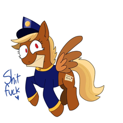 Size: 1080x1080 | Tagged: safe, artist:absolute_mimery, imported from derpibooru, pegasus, pony, blonde, clothes, female, flying, forced meme, hat, heart, letter, mare, meme, mouth hold, shitfuck meme, simple background, solo, spread wings, swift reply, text, uniform, vulgar, white background, wings