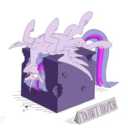 Size: 1500x1500 | Tagged: safe, artist:hilloty, imported from derpibooru, twilight sparkle, alicorn, pony, context in description, cube, cyrillic, female, fluffy, for science, granite, lying down, mare, on back, russian, simple background, solo, spread wings, twilight sparkle (alicorn), white background, wings