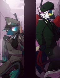 Size: 2550x3300 | Tagged: safe, artist:bbsartboutique, imported from derpibooru, oc, oc:grenadier, oc:maximilian kholer, anthro, griffon, berlin, clothes, cold war, uniform