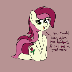 Size: 2000x2000 | Tagged: safe, artist:dafiltafish, imported from derpibooru, roseluck, earth pony, pony, bronybait, brown background, imminent petting, simple background, sitting, solo, text