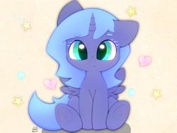 Size: 4000x3000 | Tagged: safe, artist:zokkili, imported from derpibooru, princess luna, alicorn, pony, cute, female, filly, heart, looking at you, sitting, solo, woona, younger