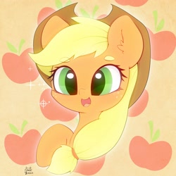 Size: 3000x3000 | Tagged: safe, artist:zokkili, imported from derpibooru, applejack, earth pony, pony, apple, bust, cute, food, hat, jackabetes, open mouth, smiling, solo