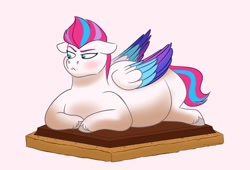 Size: 1080x734 | Tagged: safe, artist:bella-pink-savage, imported from derpibooru, zipp storm, pegasus, pony, :<, adorazipp, angry, belly, blushing, chocolate, colored wings, crumbs, cute, ears back, fat, female, folded wings, food, frown, g5, graham cracker, grumpy, looking away, lying down, madorable, mare, multicolored mane, multicolored tail, multicolored wings, pink background, s'mores, simple background, solo, tail, unamused, unshorn fetlocks, weight gain, wings, zipp is a marshmallow, zipp slob, zipp storm is not amused