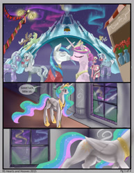 Size: 2550x3300 | Tagged: safe, artist:silfoe, imported from derpibooru, princess cadance, princess celestia, shining armor, oc, alicorn, earth pony, pegasus, pony, unicorn, royal sketchbook, armor, blushing, canterlot, clothes, comic, crown, crystal empire, crystal guard, crystal guard armor, female, flower, flying, hearts and hooves day, jewelry, kissing, male, oc x oc, regalia, rose, shiningcadance, shipping, speech bubble, stallion, stand, straight, streetlight, window