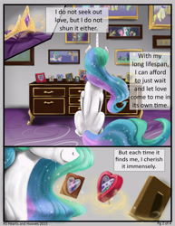 Size: 2550x3300 | Tagged: safe, artist:silfoe, imported from derpibooru, princess celestia, oc, alicorn, earth pony, pony, unicorn, royal sketchbook, canon x oc, child, comic, crown, crying, dresser, family, female, foal, framed picture, immortality blues, implied death, jewelry, parents:canon x oc, pillow, regalia, smiling, solo, text