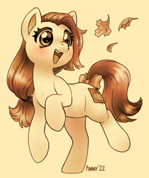 Size: 941x1122 | Tagged: safe, artist:pimmy, imported from derpibooru, oc, oc only, oc:pumpkin patch, earth pony, pony, bow, female, leaves, mare, monochrome, open mouth, open smile, ponytail, simple background, smiling, solo, standing, standing on one leg, tail, tail bow, yellow background