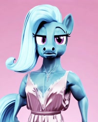 Size: 805x1000 | Tagged: safe, imported from derpibooru, trixie, anthro, ai content, ai generated, clothes, cross, cross necklace, cursed image, dress, jewelry, looking at you, machine learning abomination, missing horn, necklace, negligee, simple background, solo, wat