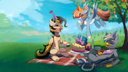 Size: 1280x720 | Tagged: safe, artist:astralblues, imported from derpibooru, oc, oc only, oc:pearmare, oc:solstice breeze, classical hippogriff, griffon, hippogriff, pegasus, pony, cake, food, glasses, hat, male, party hat, picnic blanket, present, scenery, stallion, tree