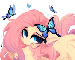 Size: 5000x4000 | Tagged: safe, artist:xsatanielx, imported from derpibooru, fluttershy, butterfly, pegasus, pony, female, mare, simple background, solo, white background