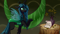 Size: 3840x2160 | Tagged: safe, artist:vladivoices, imported from derpibooru, queen chrysalis, changeling, changeling queen, concave belly, letter, solo