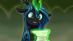 Size: 3840x2160 | Tagged: safe, artist:vladivoices, imported from derpibooru, queen chrysalis, changeling, changeling queen, female, letter, magic, solo, telekinesis