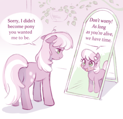 Size: 1290x1249 | Tagged: artist needed, safe, imported from derpibooru, cheerilee, earth pony, pony, blank flank, butt, cheeribetes, cute, dialogue, drawthread, featured image, female, filly, filly cheerilee, floppy ears, flower, flower in hair, foal, g4, grammar error, looking at each other, looking at someone, mare, midlife crisis, mirror, open mouth, parody, plot, ponified, sad, sadorable, self paradox, self ponidox, speech bubble, talking, tired, younger