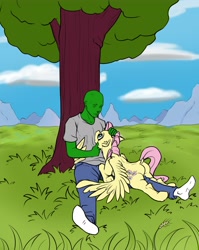 Size: 3184x4000 | Tagged: safe, artist:alcor, color edit, edit, imported from derpibooru, fluttershy, oc, oc:anon, human, pegasus, pony, butt, colored, cuddling, cute, drawthread, duo, grass, grass field, high res, hug, human male, human on pony snuggling, looking at each other, looking at someone, lying down, male, outdoors, plot, prone, relaxing, sitting, sitting on grass, snuggling, spread wings, tree, under the tree, wholesome, winghug, wings
