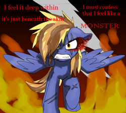 Size: 880x791 | Tagged: safe, artist:solixy406, imported from derpibooru, oc, oc only, oc:cloudbreaker, pegasus, angry, ears back, edgy, edgy as fuck, fire, lightning, lyrics, morbidly edgy, pegasus oc, scar, skrillex, text