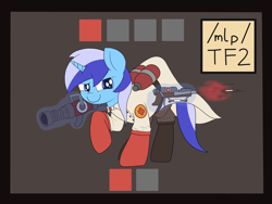 Size: 4000x3000 | Tagged: safe, imported from derpibooru, minuette, pony, unicorn, /mlp/ tf2 general, arrow, crossbow, grin, magic, medic, medigun, smiling, solo, syringe, team fortress 2, telekinesis, text, weapon