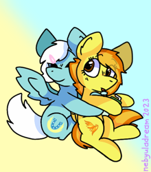Size: 540x614 | Tagged: safe, artist:_natsunatsuu_, imported from derpibooru, fleetfoot, spitfire, pegasus, pony, cute, cutefire, diafleetes, duo, duo female, eye clipping through hair, female, gradient background, hairclip, hug, juice, juice box, not shipping, photo, spread wings, teenage fleetfoot, teenage spitfire, teenager, tongue out, wings, younger