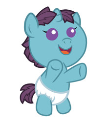 Size: 972x1102 | Tagged: safe, artist:mystery shore, imported from derpibooru, oc, oc only, pony, unicorn, baby, baby pony, bipedal, cute, diaper, foal, horn, male, oc name needed, offspring, open mouth, open smile, parent:equaglimm, parent:oc: equivalent equations, parent:starlight glimmer, parents:canon x oc, simple background, smiling, solo, unicorn oc, upsies, white background