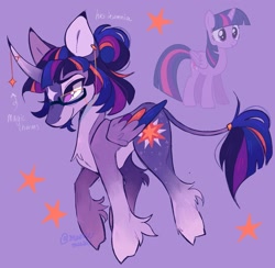 Size: 1699x1660 | Tagged: safe, artist:marleemutt, imported from derpibooru, twilight sparkle, alicorn, pony, alternate design, cutie mark, ear cleavage, female, leonine tail, purple background, reference sheet, simple background, solo, tail, twilight sparkle (alicorn)