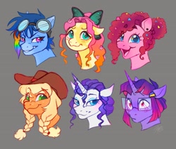 Size: 1598x1352 | Tagged: safe, artist:catmintyt, imported from derpibooru, applejack, fluttershy, pinkie pie, rainbow dash, rarity, twilight sparkle, earth pony, pegasus, pony, unicorn, alternate design, alternate hairstyle, alternate universe, applejack's hat, braid, bust, cowboy hat, glasses, goggles, goggles on head, gray background, hat, horn, mane six, open mouth, open smile, portrait, simple background, smiling