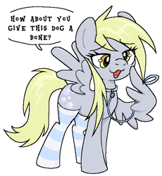 Size: 529x575 | Tagged: safe, artist:muffinz, imported from derpibooru, derpy hooves, pegasus, pony, :3, behaving like a dog, clothes, collar, innuendo, leash, pet play, simple background, socks, solo, striped socks, text, white background, wing hands, wings