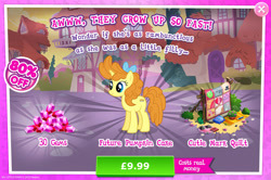 Size: 1958x1298 | Tagged: safe, imported from derpibooru, pumpkin cake, pony, unicorn, advertisement, bow, bush, costs real money, english, female, gameloft, gem, hair bow, horn, mare, mobile game, my little pony: magic princess, numbers, official, older, older pumpkin cake, quilt, sale, solo, text