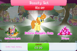 Size: 1271x856 | Tagged: safe, imported from derpibooru, pumpkin cake, pony, unicorn, bow, bundle, bush, costs real money, english, female, gameloft, gem, hair bow, horn, mare, mobile game, my little pony: magic princess, numbers, official, older, older pumpkin cake, quilt, sale, solo, text