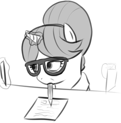 Size: 1128x1146 | Tagged: safe, artist:zan logemlor, imported from derpibooru, raven, pony, unicorn, female, glasses, glowing, glowing horn, grayscale, horn, magic, magic aura, mare, monochrome, open mouth, paper, pencil, pencil in mouth, simple background, solo, telekinesis, white background, writing