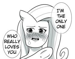 Size: 711x558 | Tagged: safe, artist:zan logemlor, imported from derpibooru, fluttershy, pegasus, pony, blushing, dialogue, female, floppy ears, grayscale, mare, monochrome, ponified manga, simple background, solo, speech bubble, talking, underhoof, white background