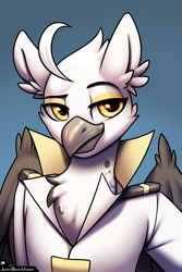 Size: 2000x3000 | Tagged: safe, artist:jedayskayvoker, imported from derpibooru, oc, oc:tristan alastair, anthro, griffon, anthro oc, beak, bust, cheek feathers, chest feathers, clothes, ear feathers, eyebrows, folded wings, gradient background, griffon oc, icon, looking at you, male, patreon, patreon reward, portrait, raised eyebrow, smiling, smiling at you, smug, solo, uniform, wings