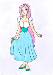 Size: 2497x3499 | Tagged: safe, artist:killerteddybear94, imported from derpibooru, fluttershy, human, alternate hairstyle, clothes, cute, don bluth, dress, female, fluttershy day, humanized, long hair, looking away, shyabetes, solo, thumbelina, thumbelina (1994), traditional art