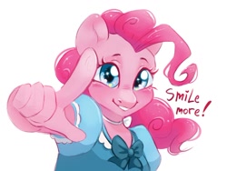 Size: 1388x1043 | Tagged: safe, artist:melodylibris, imported from derpibooru, pinkie pie, anthro, earth pony, blushing, clothes, cute, dialogue, diapinkes, dress, grin, looking at you, pointing at you, simple background, smiling, smiling at you, solo, talking to viewer, white background