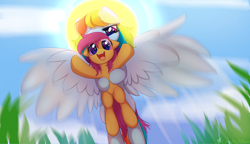 Size: 5200x3000 | Tagged: safe, artist:cornelia_nelson, imported from derpibooru, rainbow dash, scootaloo, pegasus, pony, carrying, duo, explicit source, female, filly, flying, foal, grass, holding a pony, mare, open mouth, open smile, scootalove, smiling, spread wings, sun, wings