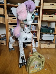 Size: 4000x3000 | Tagged: safe, artist:sweetie bot 2560, derpibooru exclusive, imported from derpibooru, sweetie belle, oc, oc only, oc:sweetie bot 2560, pony, robot, robot pony, unicorn, 3d print, drinking, drinking straw, electronics, engine oil, irl, jewelry, license plate, necklace, oil, photo, sweetie bot, switzerland