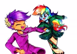 Size: 2304x1641 | Tagged: safe, artist:liaaqila, imported from derpibooru, rainbow dash, scootaloo, human, equestria girls, clothes, cute, cutealoo, dashabetes, dress, duo, duo female, eyes closed, female, flower, flower in hair, happy, jewelry, laughing, necklace, simple background, white background