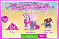 Size: 1960x1300 | Tagged: safe, imported from derpibooru, princess cadance, alicorn, pony, advertisement, clothes, costs real money, dress, ear piercing, earring, engrish, female, gameloft, gem, horn, jewelry, mare, mobile game, my little pony: magic princess, necklace, numbers, official, piercing, sale, solo, spread wings, text, tiara, wings, young cadance