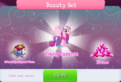 Size: 1267x856 | Tagged: safe, imported from derpibooru, princess cadance, alicorn, pony, bundle, clothes, costs real money, dress, ear piercing, earring, engrish, female, gameloft, gem, horn, jewelry, mare, mobile game, my little pony: magic princess, necklace, numbers, official, piercing, sale, solo, spread wings, text, tiara, wings, young cadance