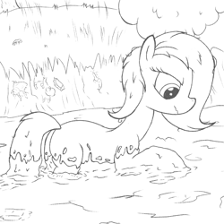Size: 2400x2400 | Tagged: safe, artist:amateur-draw, imported from derpibooru, oc, oc only, oc:phosphor flame, earth pony, pony, female, mare, monochrome, mud, mud bath, mud play, mud pony, muddy, sink, sinking, solo, wet and messy