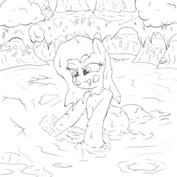 Size: 2400x2400 | Tagged: safe, artist:amateur-draw, imported from derpibooru, oc, oc only, oc:phosphor flame, earth pony, pony, covered in mud, female, mare, messy mane, monochrome, mud, mud bath, mud play, mud pony, muddy, scenery, solo, wet and messy