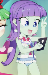 Size: 415x640 | Tagged: safe, edit, edited screencap, editor:luckreza8, imported from derpibooru, screencap, starlight, starshine, human, equestria girls, i'm on a yacht, spoiler:eqg series (season 2), :d, ai content, ai generated, anime, clothes, female, generator:imgcreator, open mouth, open smile, smiling, swimsuit