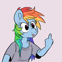Size: 1280x1280 | Tagged: safe, artist:smirk, imported from derpibooru, rainbow dash, anthro, middle finger, rude, simple background, solo, tongue out, vulgar, younger